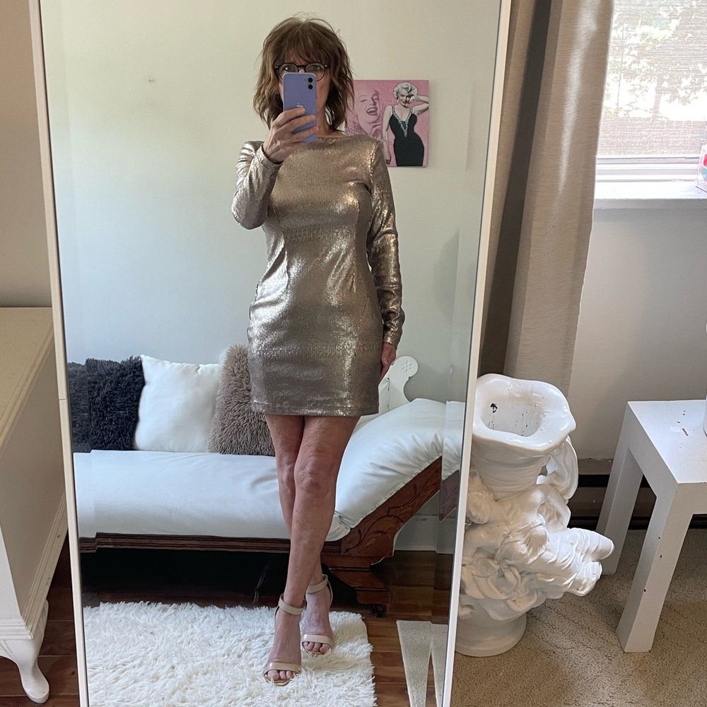 TAUPE SEQUIN LONG SLEEVE DRESS BOAT NECK ZIPPER FITTED NEUTRAL V BACK